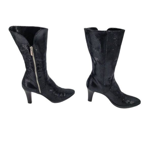 90s Aquatalia Boots Leather Liquid Snake Tall Mid Calf High Heel Black 10 Gothic - Picture 6 of 12